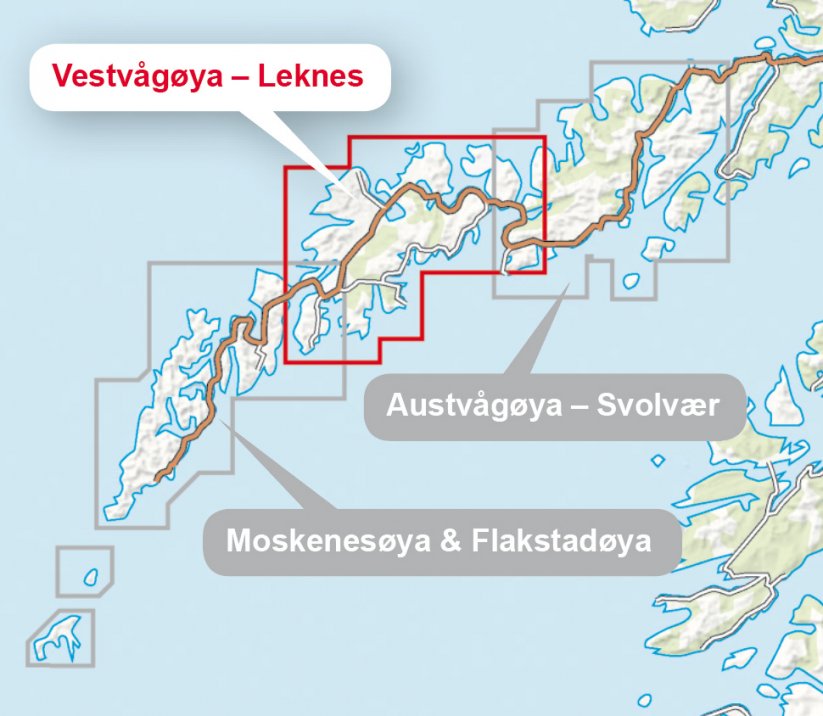Hoyfjellskart Lofoten: Vestvagoya – Leknes turistická mapa Lofoty 1:30 000