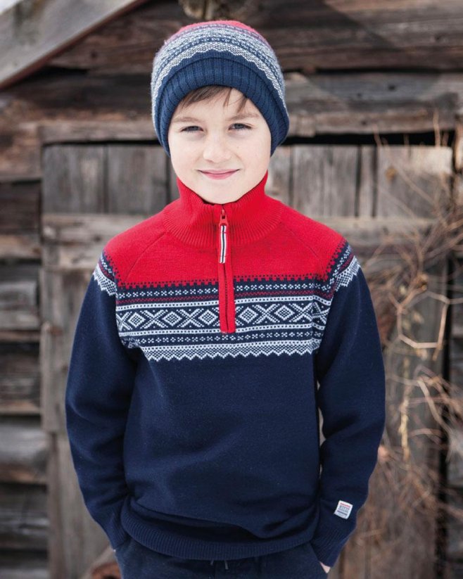 Norský dětský svetr MARIUS, modročervený, 100% merino vlna