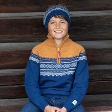 Dětská pletená čepice MARIUS, modro-okrová, merino vlna
